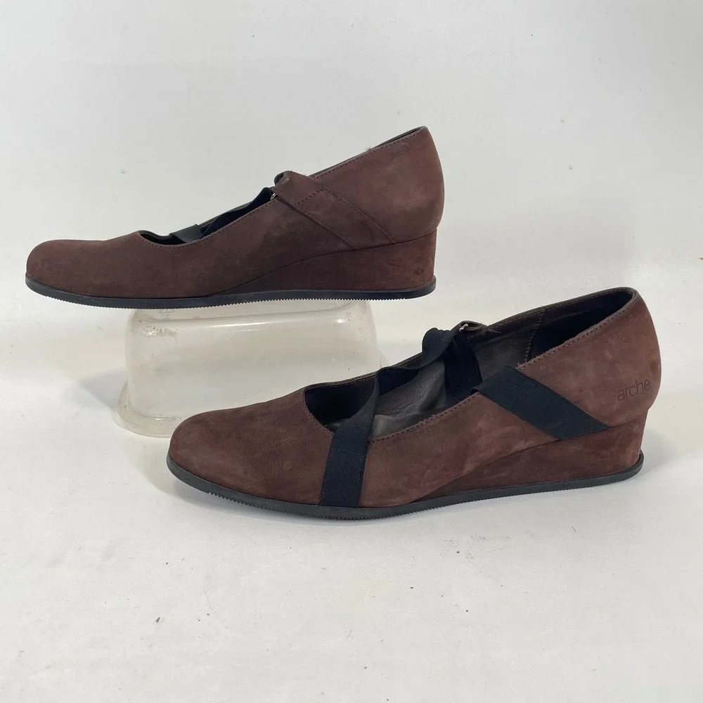 Arche Brown Nubuck Leather Elastic Strap Wedge Shoes France Womens 40 US 9-9.5